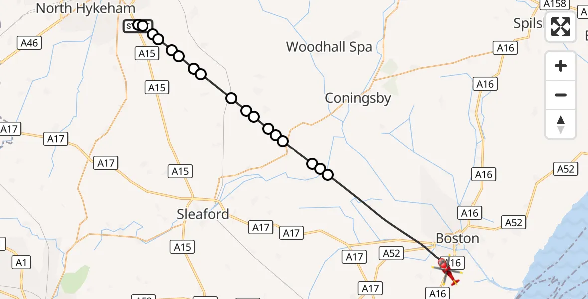 Flight route Air Ambulance Helicopter RAF Waddington - Boston, 22 August 2026, 18:19