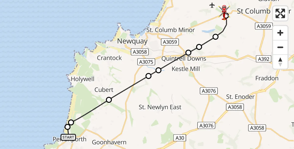 Flight route Air Ambulance Helicopter Perranporth - Cornwall Airport Newquay, 22 August 2026, 18:26