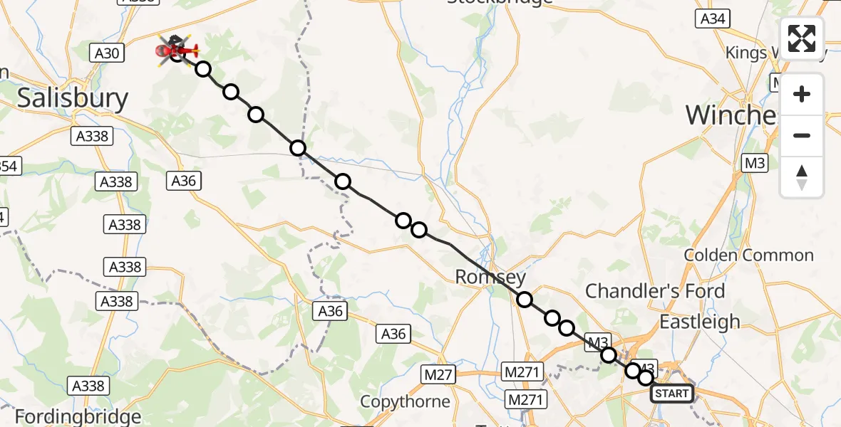 Flight route Air Ambulance Helicopter Mansbridge - Firsdown, 22 August 2026, 18:32
