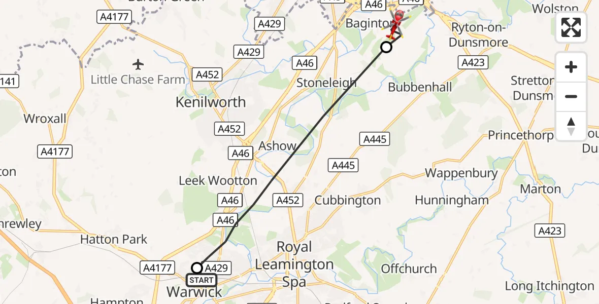 Flight route Air Ambulance Helicopter Warwick Hospital - Coventry Airport, 22 August 2026, 18:45