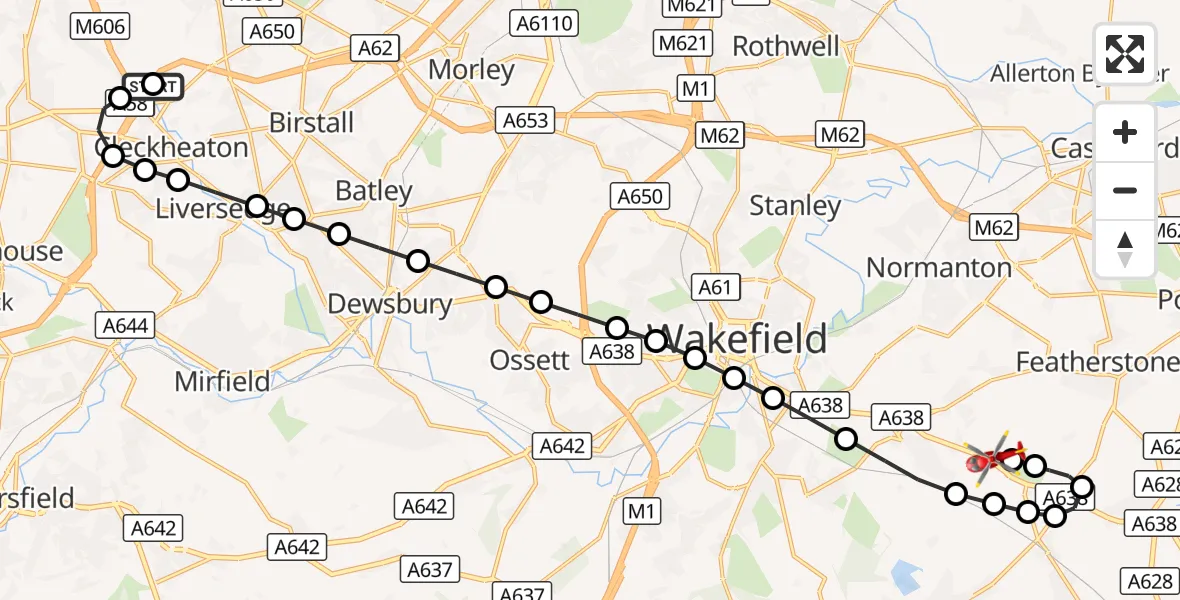 Flight route Air Ambulance Helicopter Hunsworth - YAA Nostell Helicopter Port, 22 August 2026, 18:48