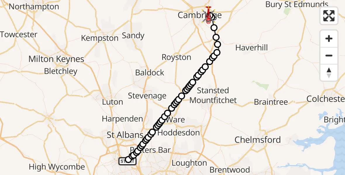 Flight route Air Ambulance Helicopter Elstree Airfield - Cambridge City Airport, 22 August 2026, 18:50