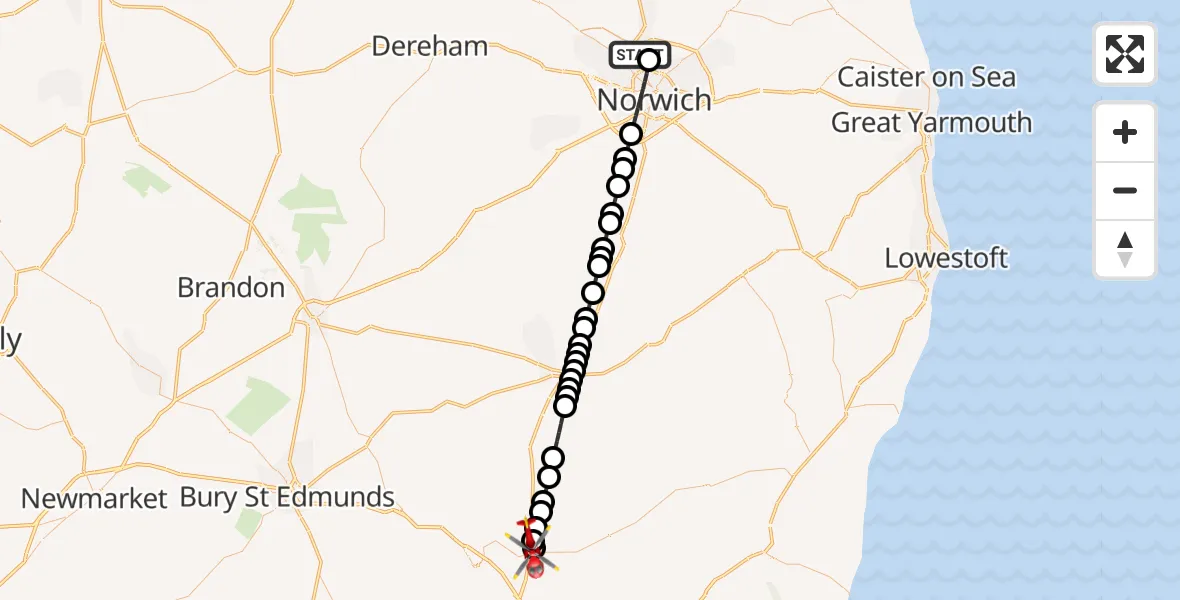Flight route Air Ambulance Helicopter Norwich Airport - Stonham Parva, 22 August 2026, 18:50