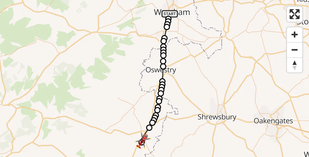 Flight route Air Ambulance Helicopter Felin Puleston - Welshpool Airport, 22 August 2026, 19:01