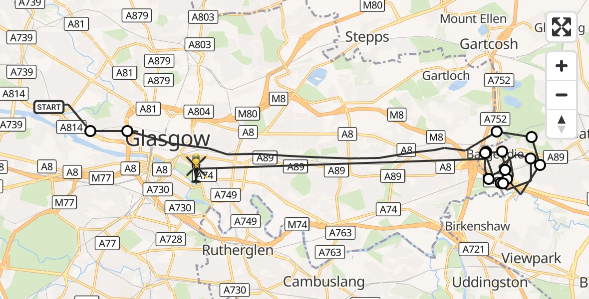 Flight route Police Helicopter Glasgow - Glasgow, 22 August 2026, 19:17