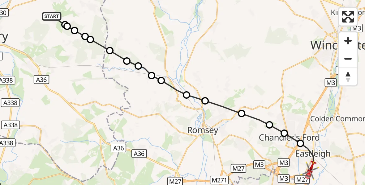Flight route Air Ambulance Helicopter Pitton - Southampton Airport, 22 August 2026, 19:31