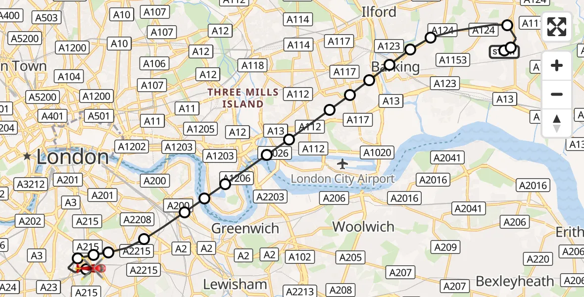 Flight route Air Ambulance Helicopter Dagenham - Kings College London Hospital, 22 August 2026, 19:35