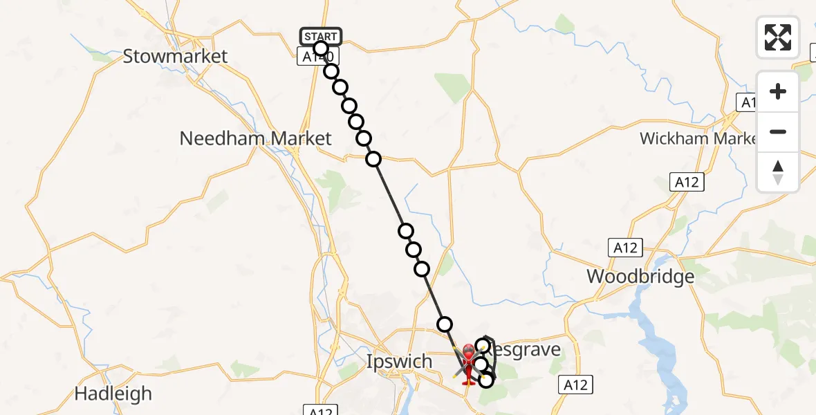 Flight route Air Ambulance Helicopter Stonham Parva - Ipswich, 22 August 2026, 19:36