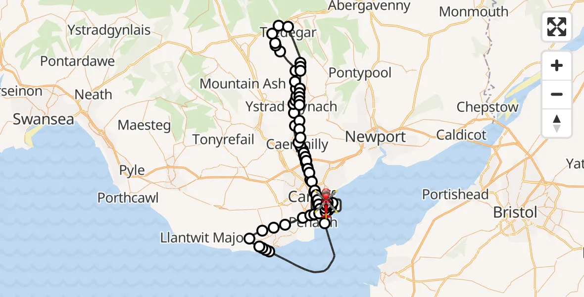 Flight route Air Ambulance Helicopter Cardiff Heliport - Cardiff Heliport, 22 August 2026, 20:04