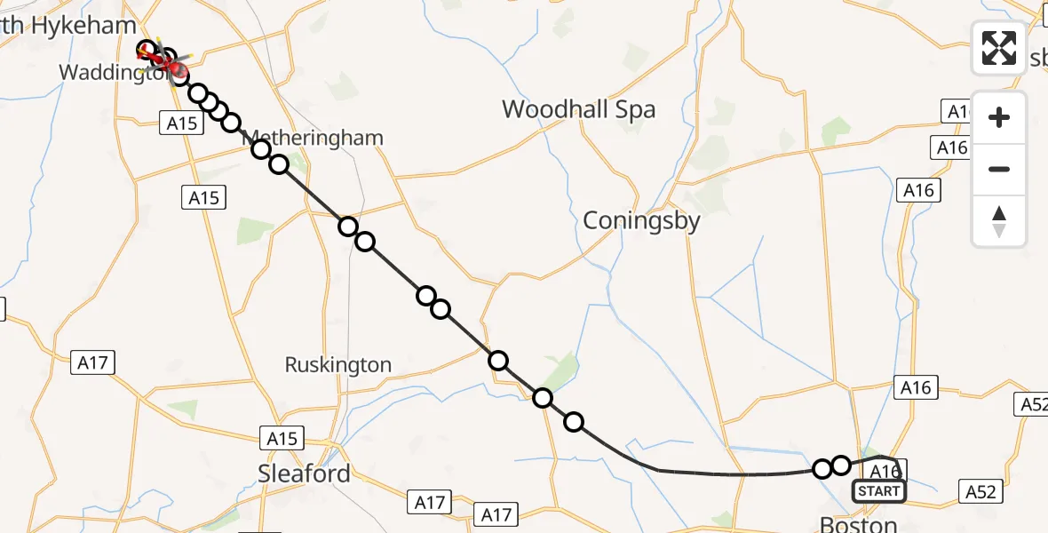 Flight route Air Ambulance Helicopter Boston - North Kesteven, 22 August 2026, 20:20
