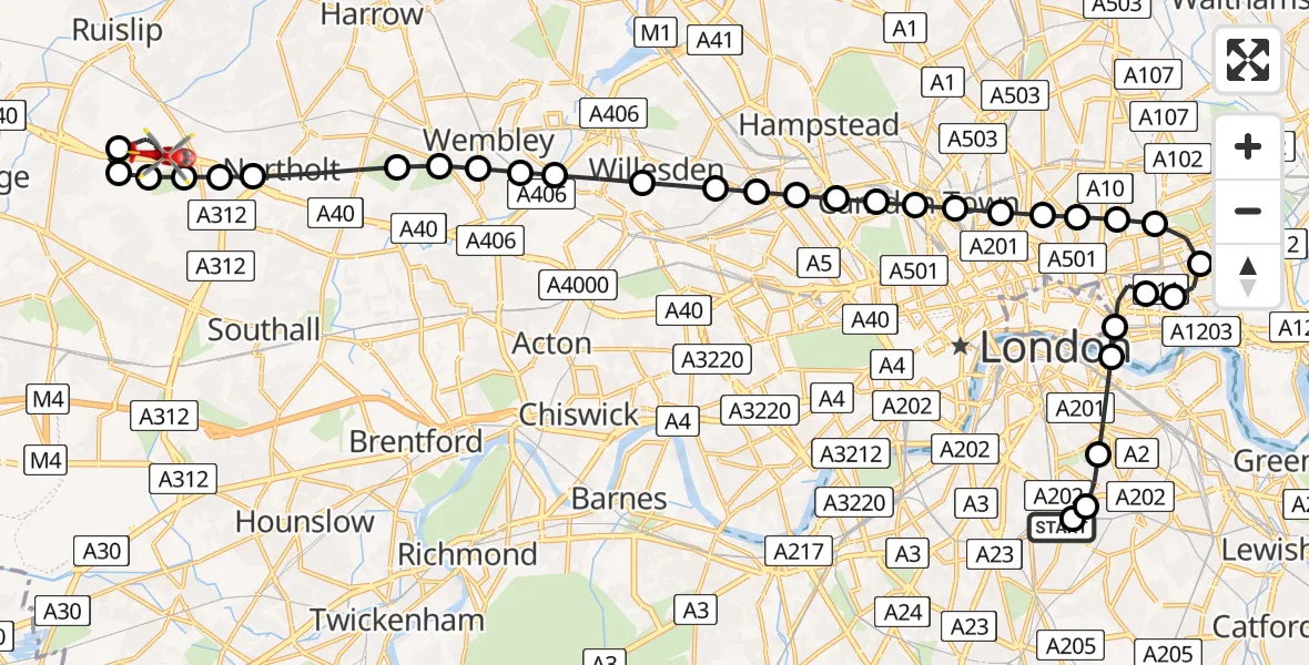 Flight route Air Ambulance Helicopter Kings College London Hospital - RAF Northolt, 22 August 2026, 20:26
