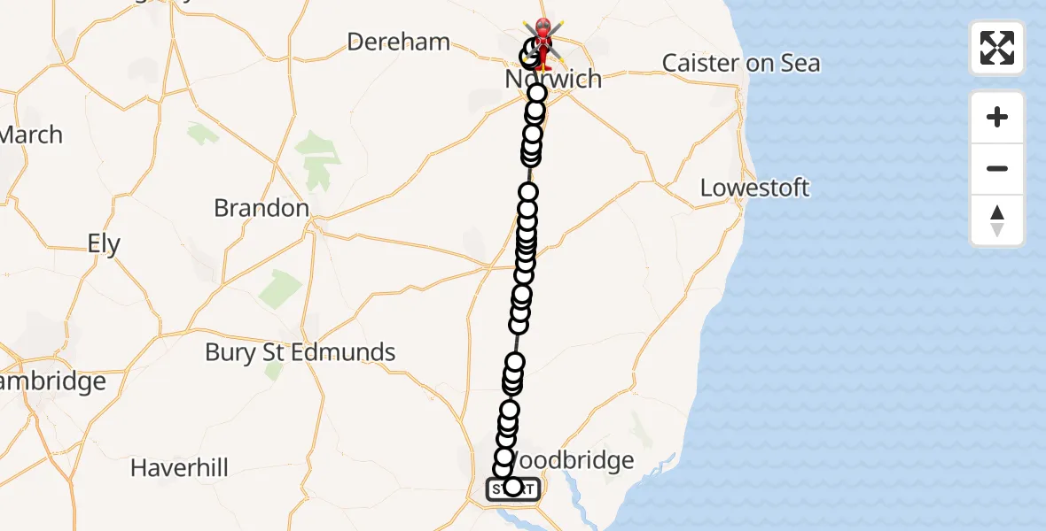 Flight route Air Ambulance Helicopter Ipswich Hospital - Norwich Airport, 22 August 2026, 20:28