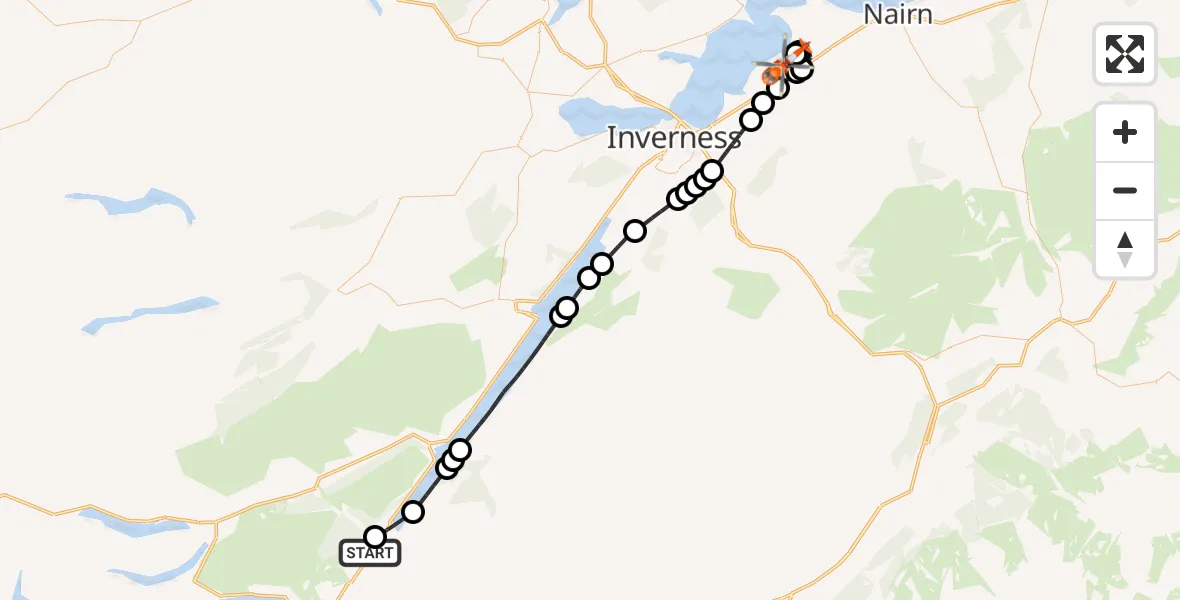 Flight route Coastguard Helicopter Kytra Lock - Inverness Airport, 22 August 2026, 20:58