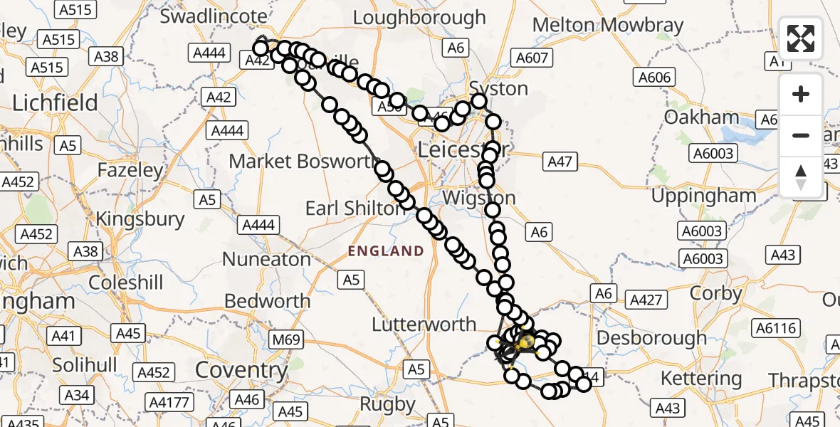 Flight route Police Helicopter Husbands Bosworth Airfield - Harborough, 22 August 2026, 21:07