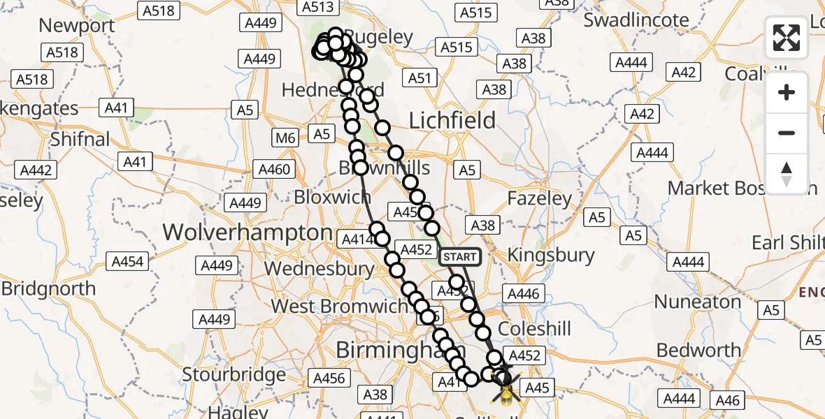 Flight route Police Helicopter Sutton Coldfield - Solihull, 22 August 2026, 21:09