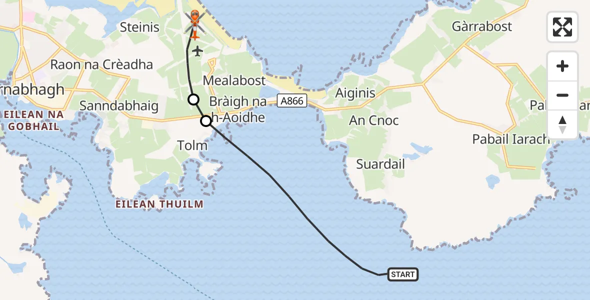 Flight route Coastguard Helicopter Inner Seas - Stornoway Airport, 22 August 2026, 21:17