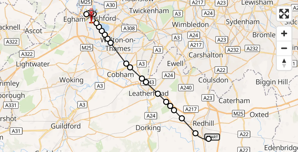 Flight route Air Ambulance Helicopter Redhill Aerodrome - Staines-upon-Thames, 22 August 2026, 21:21