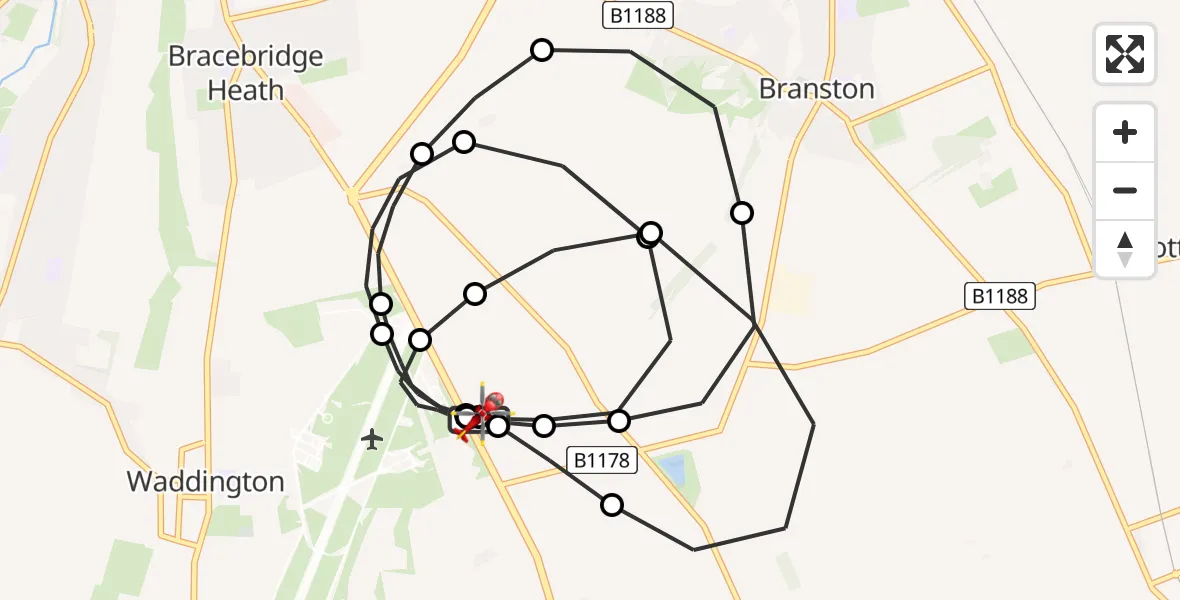Flight route Air Ambulance Helicopter RAF Waddington - North Kesteven, 22 August 2026, 21:27