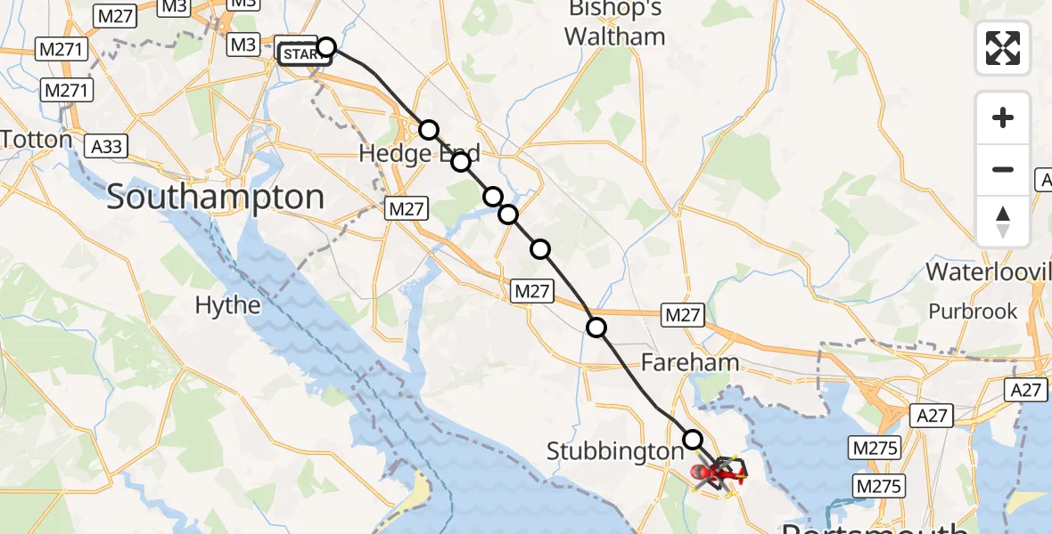 Flight route Air Ambulance Helicopter Southampton Airport - Gosport, 22 August 2026, 21:44