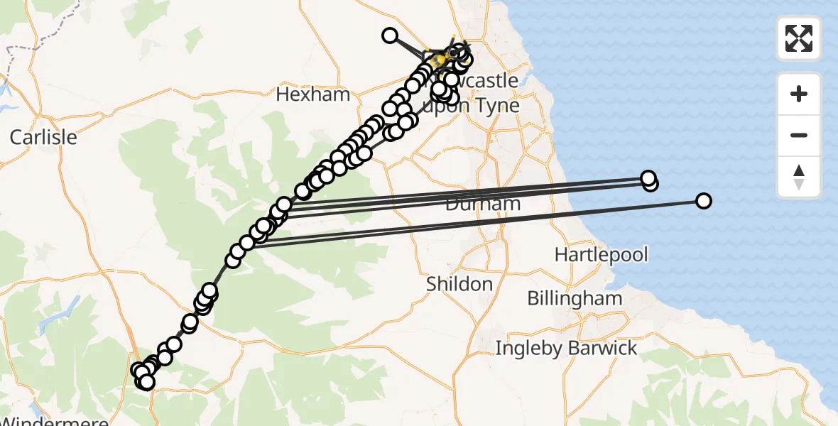 Flight route Police Helicopter Newcastle International Airport - Newcastle International Airport, 22 August 2026, 21:47