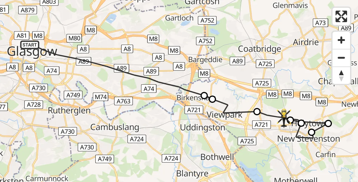 Flight route Police Helicopter Glasgow - Bellshill, 22 August 2026, 22:07
