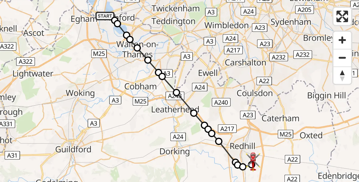 Flight route Air Ambulance Helicopter Staines-upon-Thames - Redhill Aerodrome, 22 August 2026, 22:12