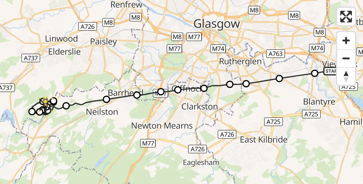 Flight route Police Helicopter Uddingston - Uplawmoor, 22 August 2026, 22:20