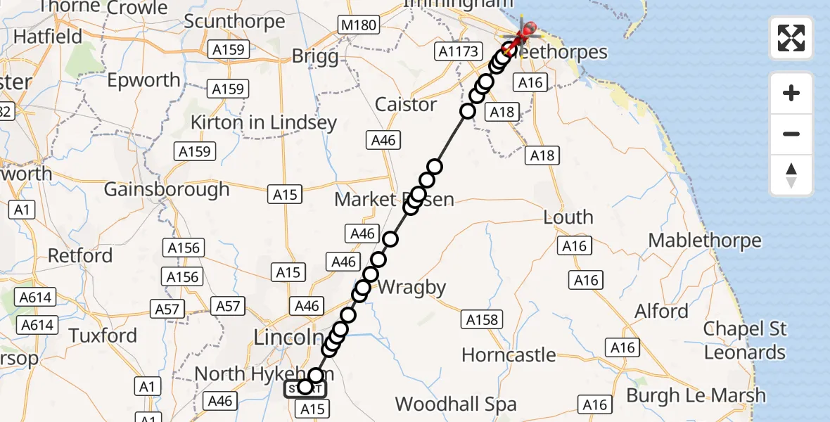 Flight route Air Ambulance Helicopter RAF Waddington - Grimsby, 22 August 2026, 22:30