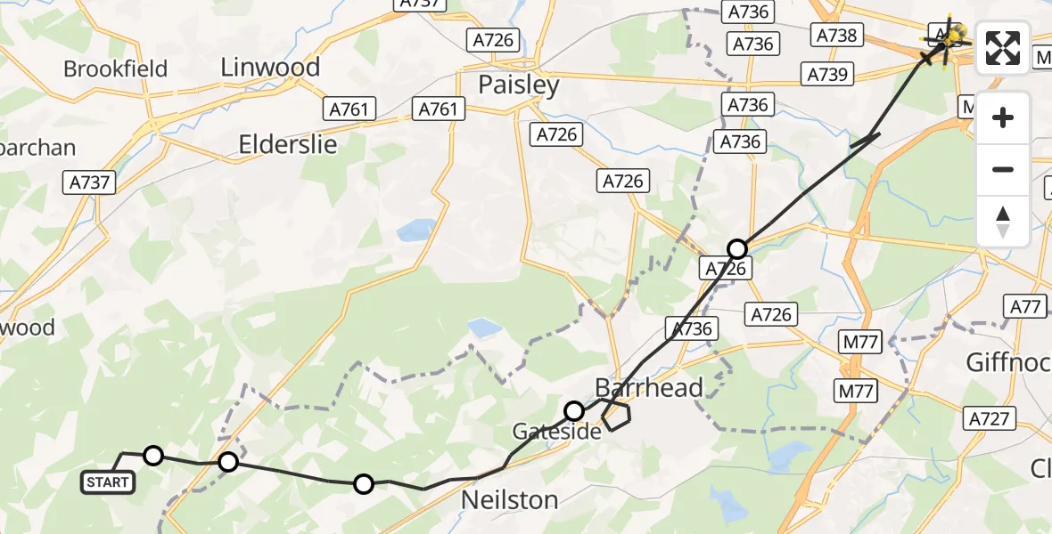 Flight route Police Helicopter Renfrewshire - Glasgow, 22 August 2026, 22:42