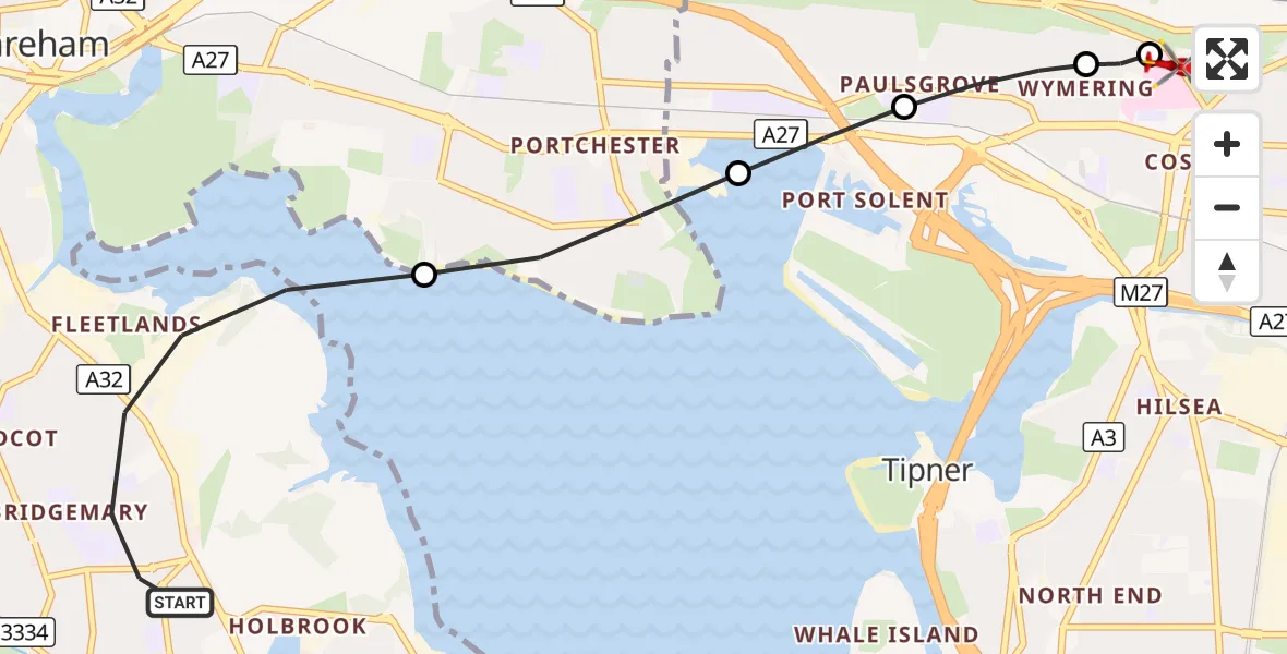 Flight route Air Ambulance Helicopter Gosport - Queen Alexandra Hospital, 22 August 2026, 23:15