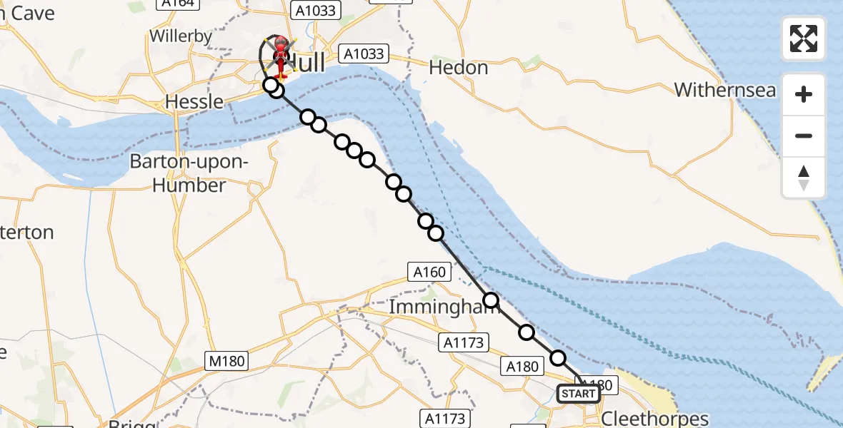 Flight route Air Ambulance Helicopter Grimsby - Hull Royal Infirmary, 22 August 2026, 23:42