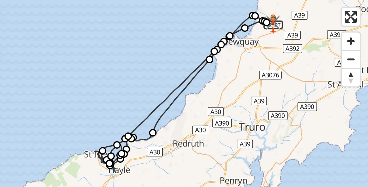 Flight route Coastguard Helicopter Cornwall Airport Newquay - Cornwall Airport Newquay, 22 August 2026, 23:43