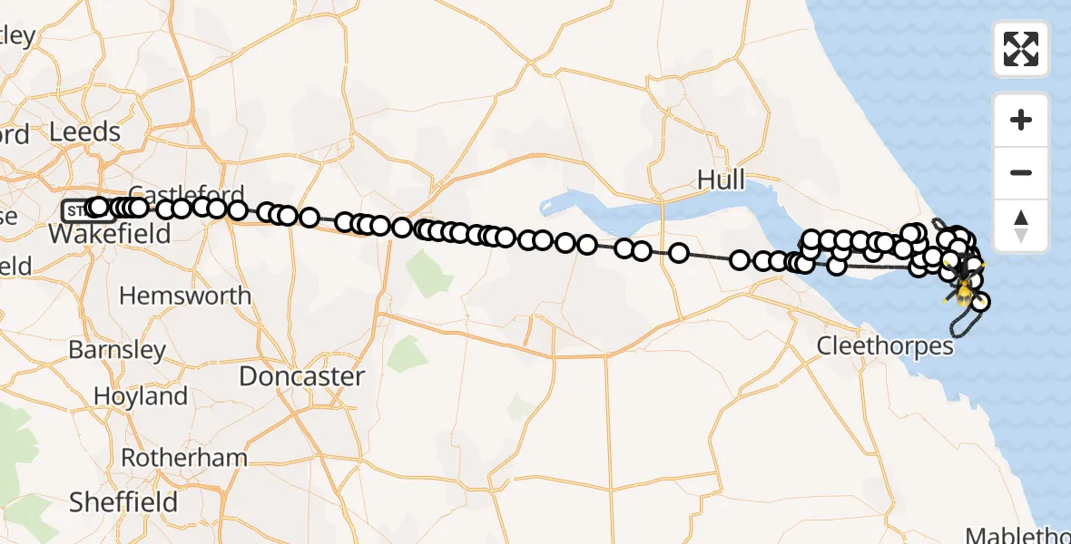 Flight route Police Helicopter East Ardsley - Easington, 23 August 2026, 00:01