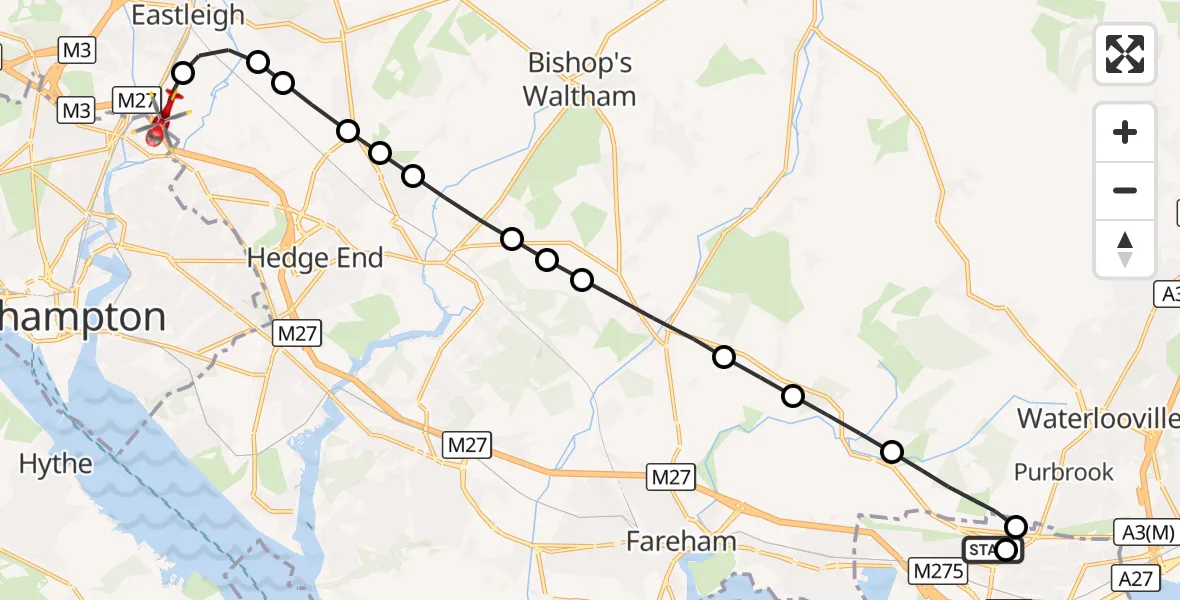 Flight route Air Ambulance Helicopter Queen Alexandra Hospital - Southampton Airport, 23 August 2026, 00:12