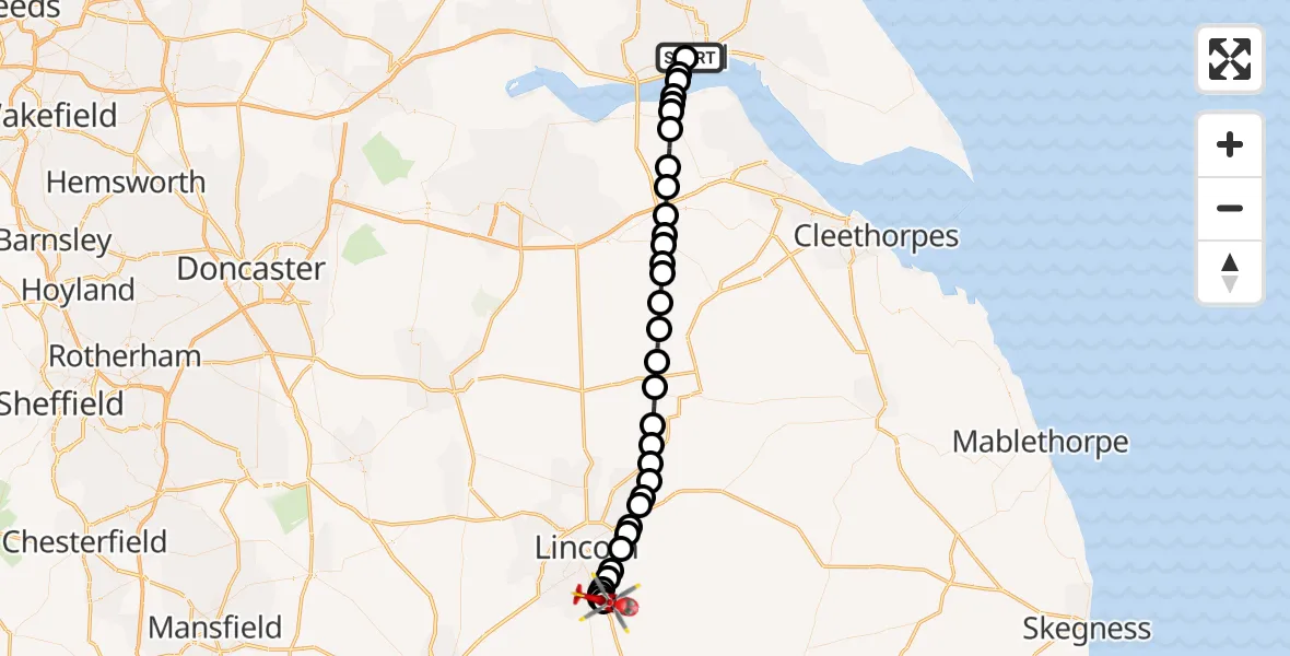 Flight route Air Ambulance Helicopter Hull Royal Infirmary - North Kesteven, 23 August 2026, 00:22