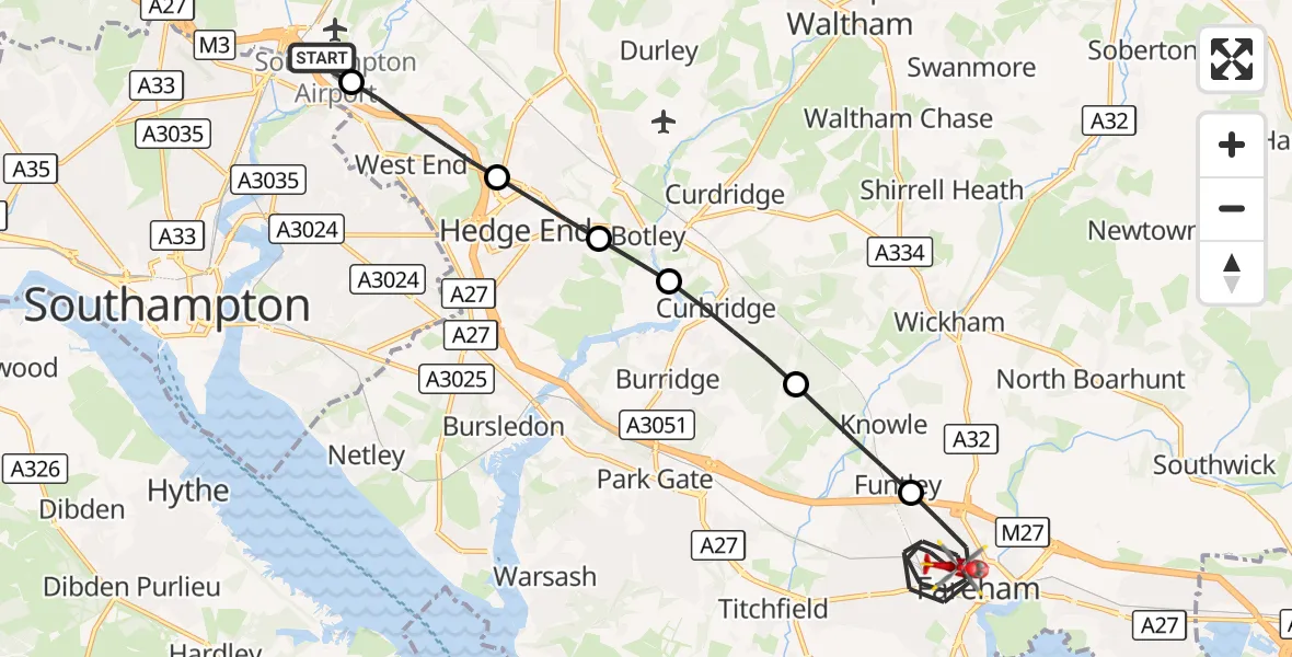 Flight route Air Ambulance Helicopter Southampton Airport - Fareham, 23 August 2026, 00:47