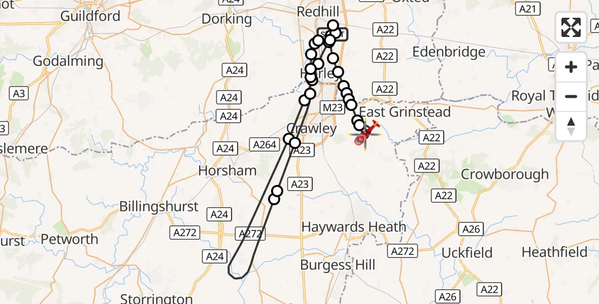 Flight route Air Ambulance Helicopter Redhill Aerodrome - Turners Hill, 23 August 2026, 00:49