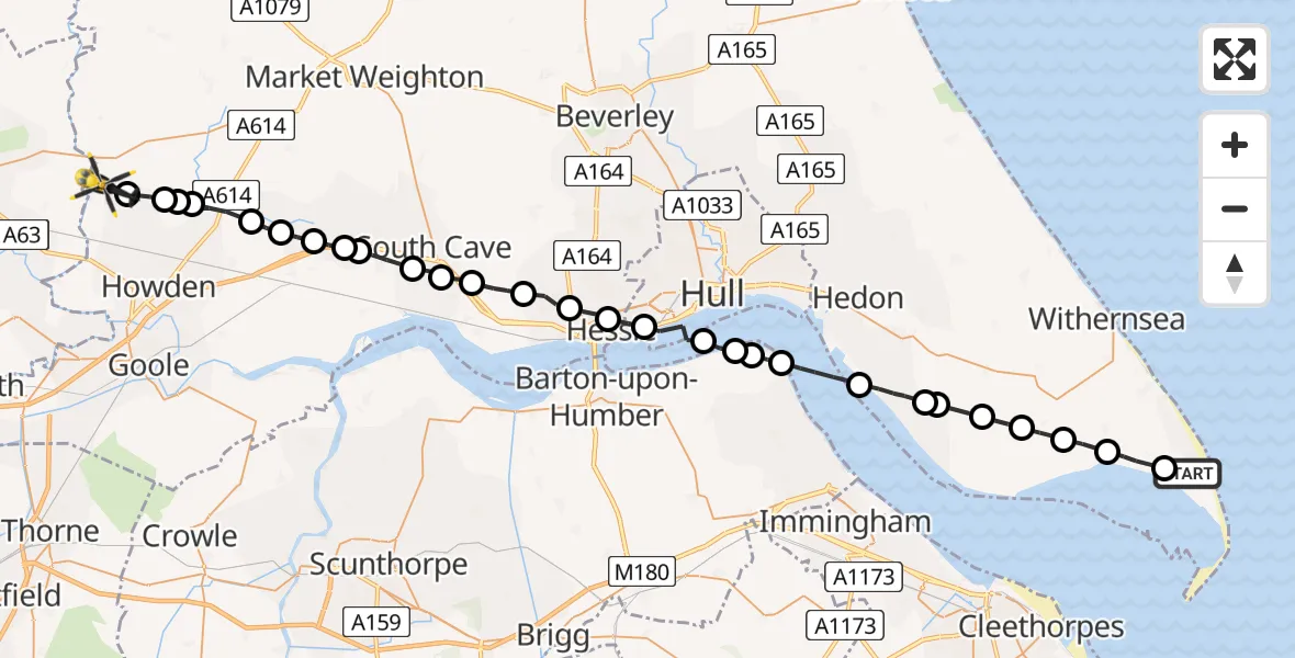 Flight route Police Helicopter Easington - RAF Breighton, 23 August 2026, 01:42