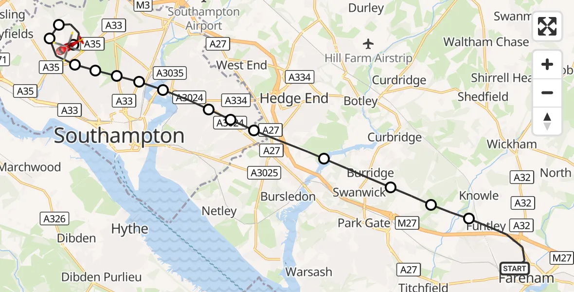 Flight route Air Ambulance Helicopter Fareham - University Hospital Southampton, 23 August 2026, 01:44