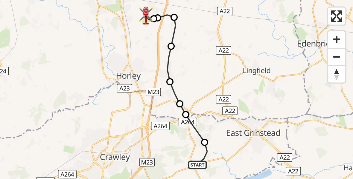 Flight route Air Ambulance Helicopter Turners Hill - Redhill Aerodrome, 23 August 2026, 01:55