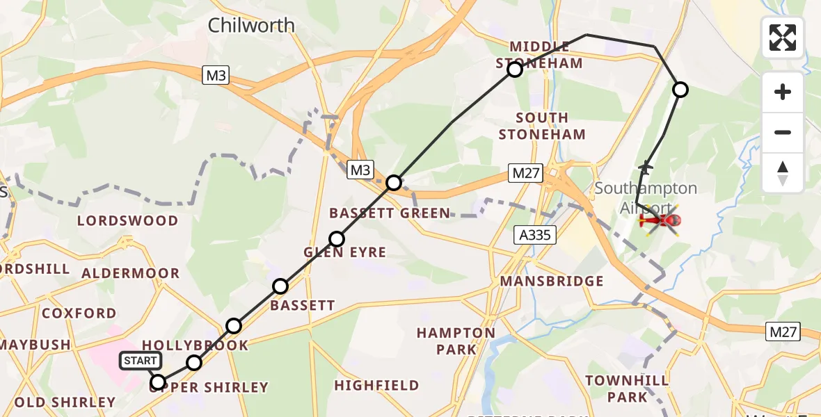 Flight route Air Ambulance Helicopter University Hospital Southampton - Southampton Airport, 23 August 2026, 02:16