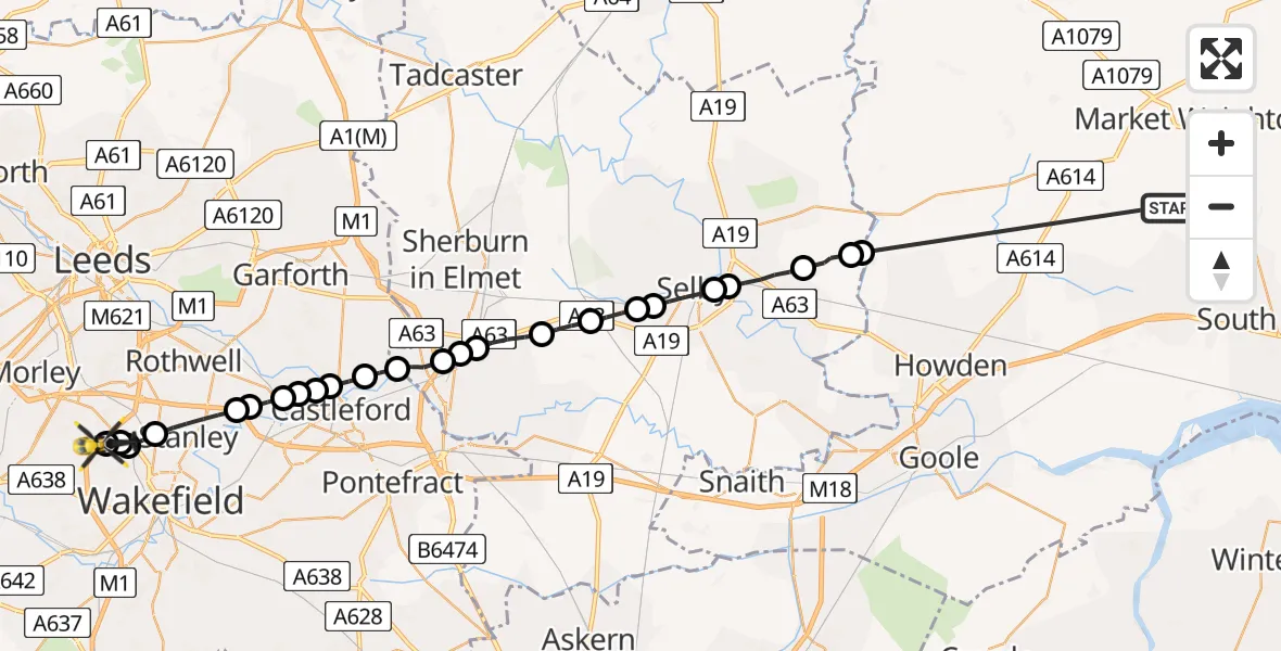 Flight route Police Helicopter North Cliffe - Ossett, 23 August 2026, 02:23