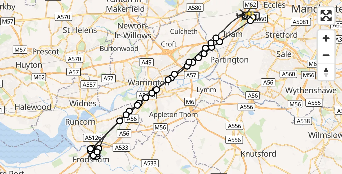 Flight route Police Helicopter Manchester Barton Aerodrome - Irlam, 23 August 2026, 03:57