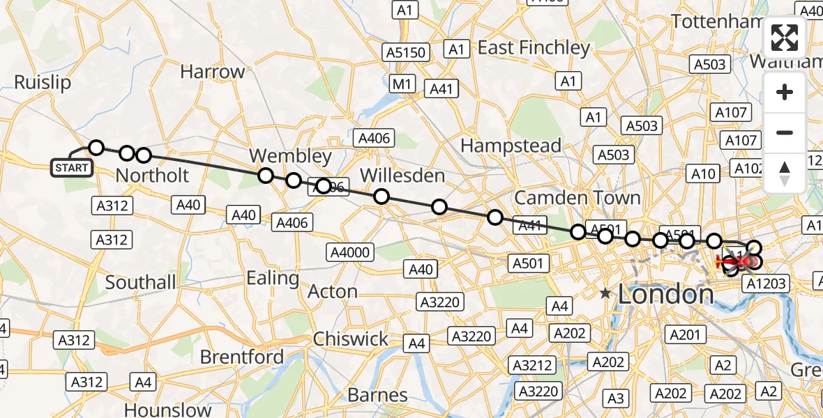 Flight route Air Ambulance Helicopter RAF Northolt - Royal London Hospital, 23 August 2026, 06:53
