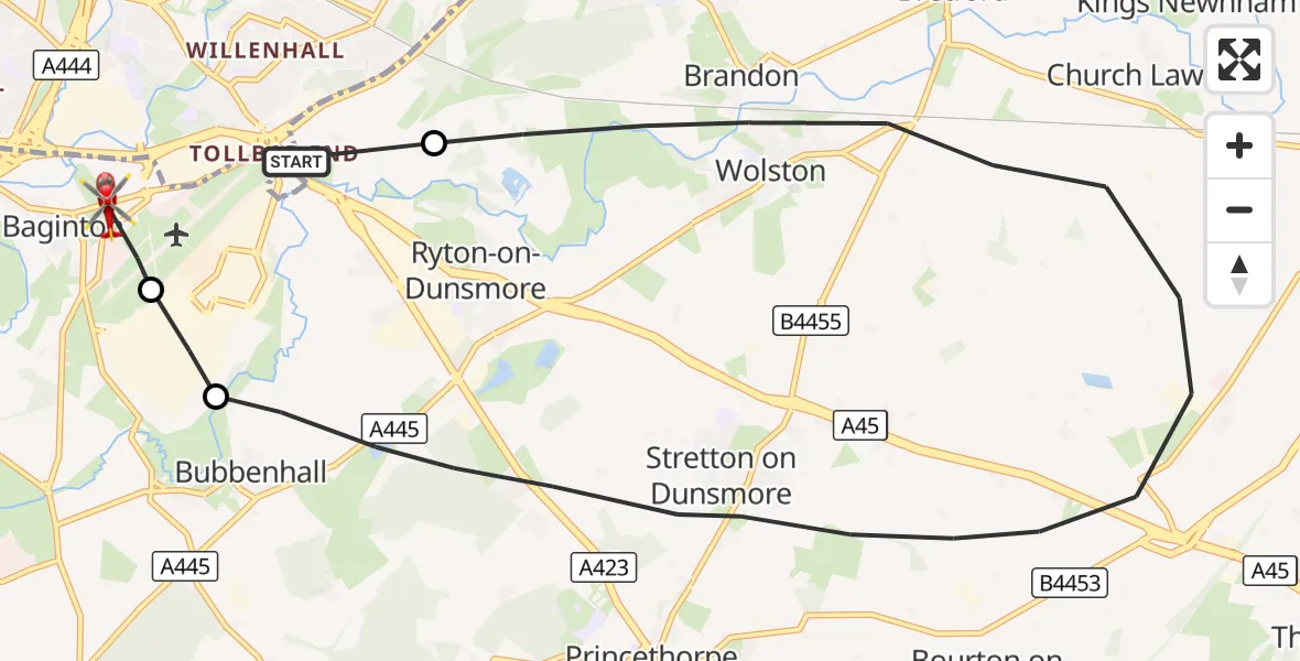 Flight route Air Ambulance Helicopter Coventry Airport - Willenhall, 23 August 2026, 07:29