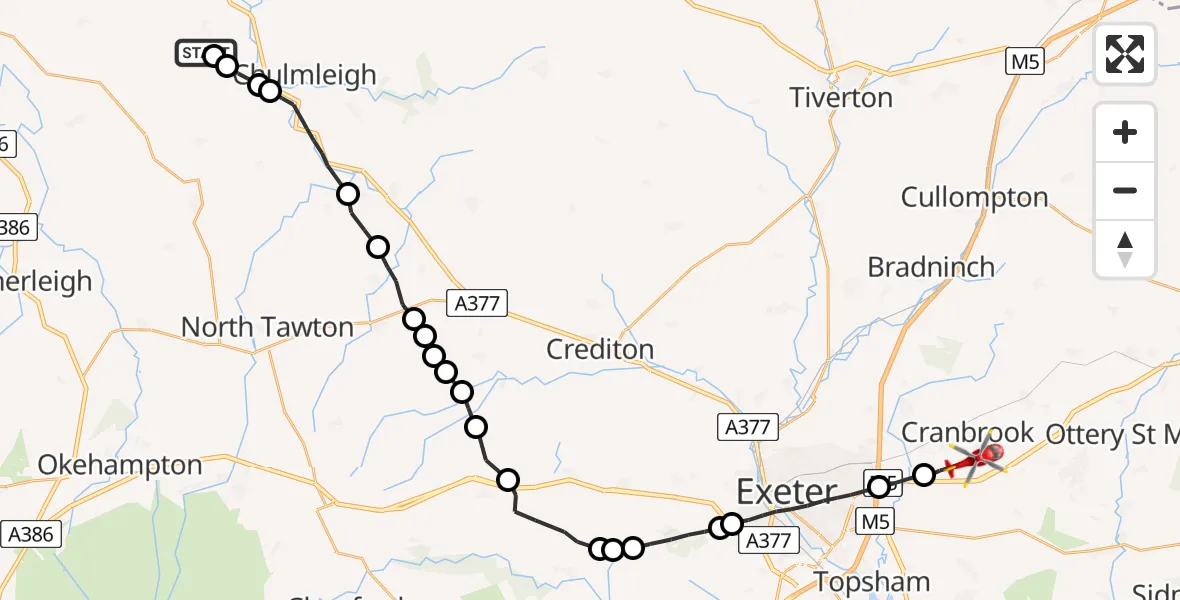 Flight route Air Ambulance Helicopter Burrington - Rockbeare, 23 August 2026, 07:56