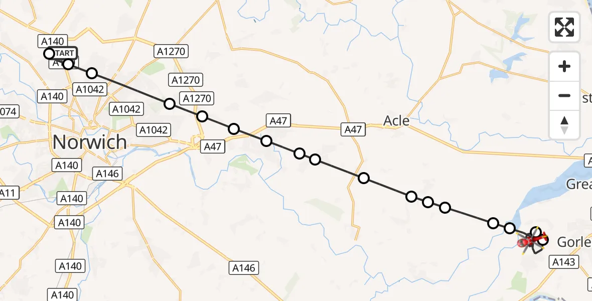 Flight route Air Ambulance Helicopter Norwich Airport - Great Yarmouth, 23 August 2026, 07:56