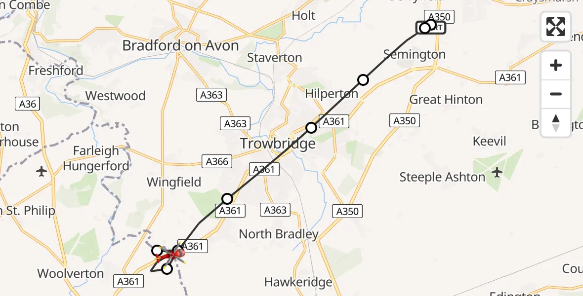 Flight route Air Ambulance Helicopter Wiltshire Air Ambulance - Rode, 23 August 2026, 08:03