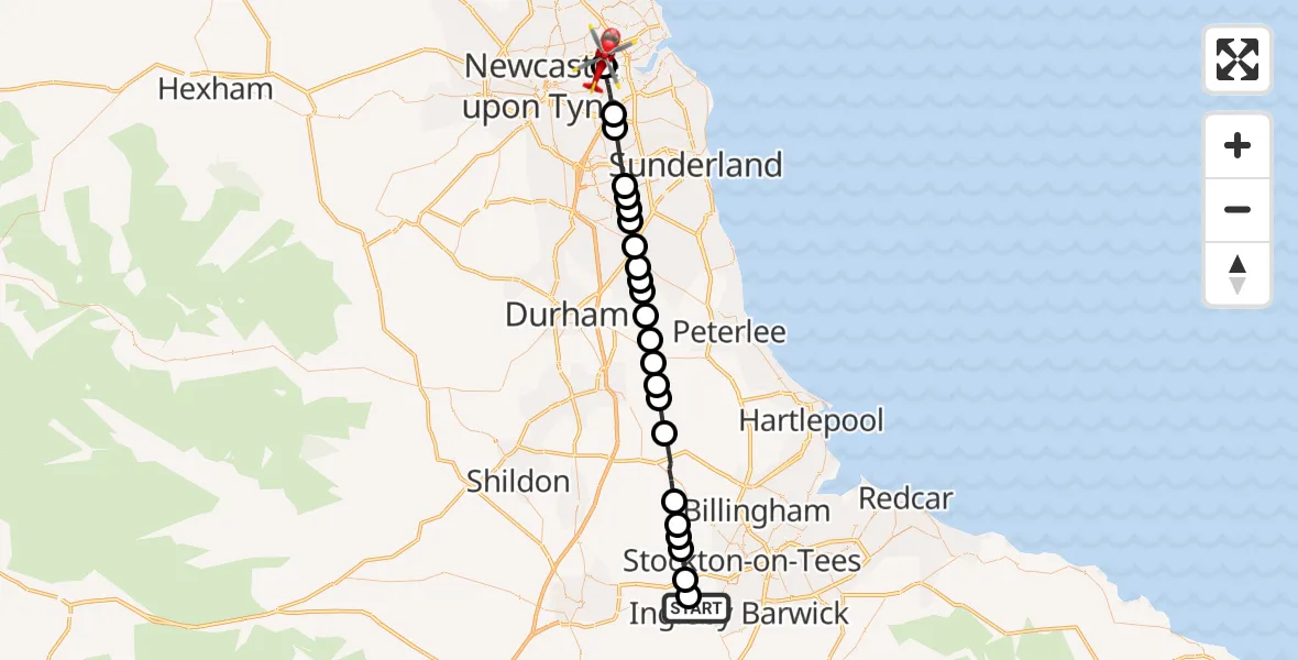 Flight route Air Ambulance Helicopter Egglescliffe - Wallsend, 23 August 2026, 08:11