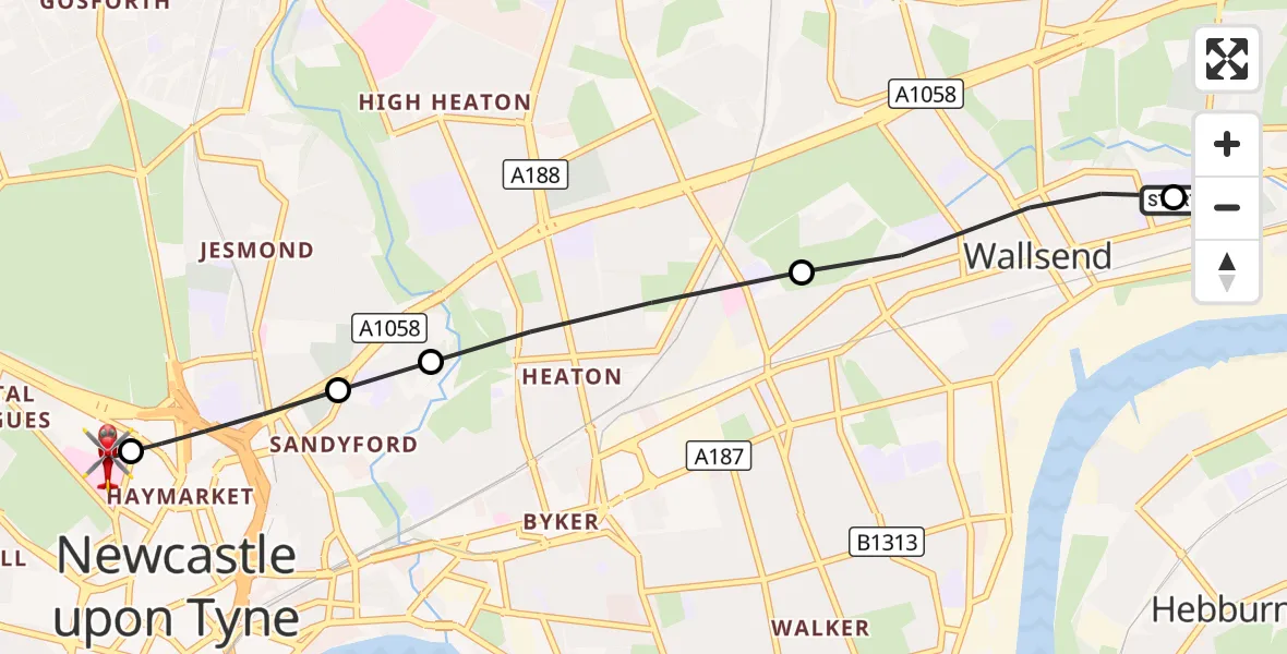 Flight route Air Ambulance Helicopter Wallsend - Newcastle Royal Victoria Infirmary, 23 August 2026, 08:30